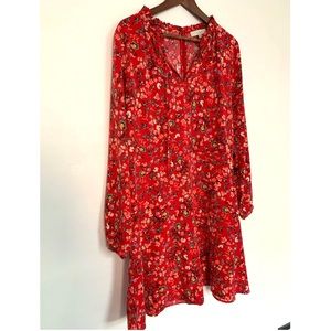 LOFT Fit & Flare Red Floral Long-Sleeved Dress